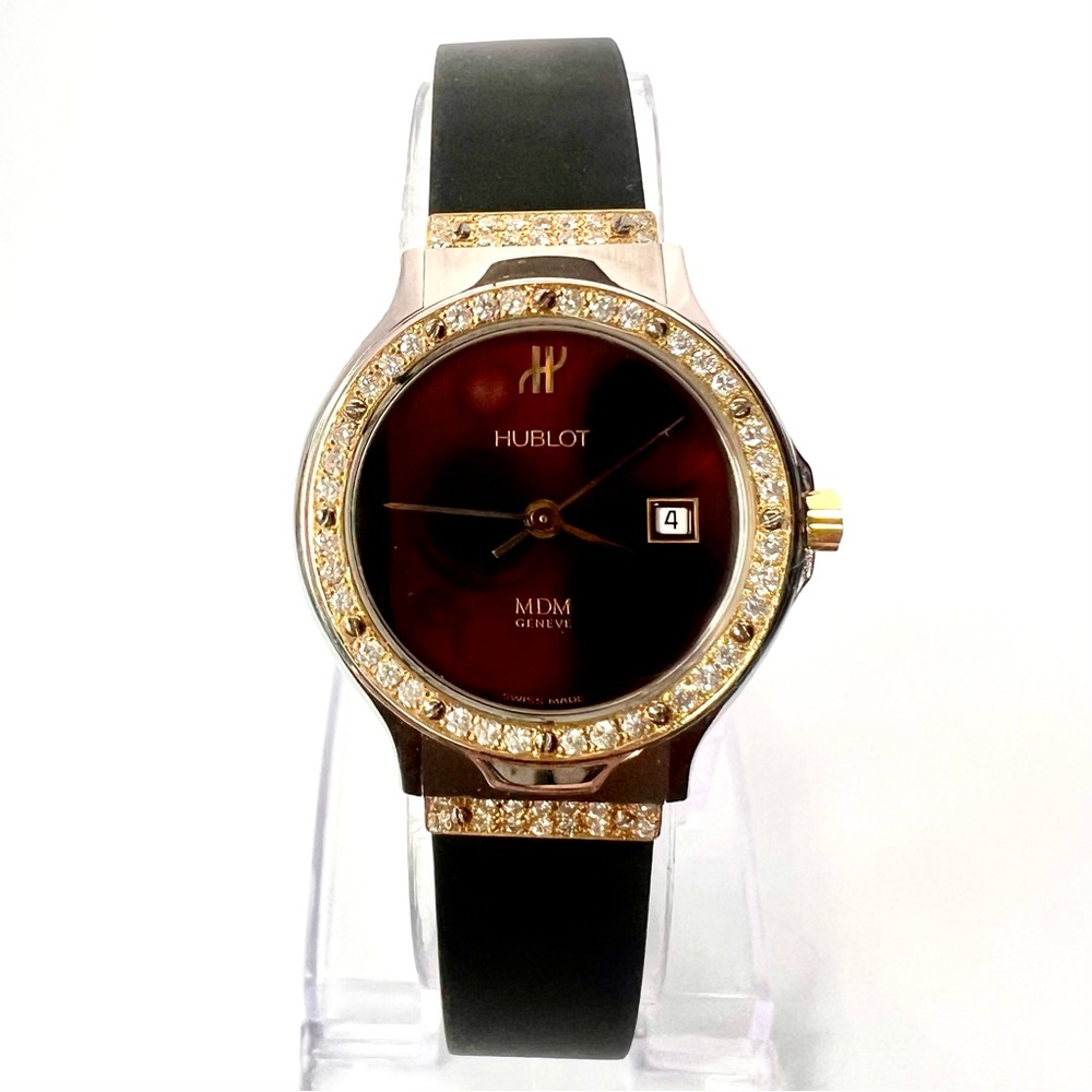 HUBLOT MDM 1391 Quartz 28mm 2 Tone 0.48TCW DIAMOND Watch Burgundy Dial